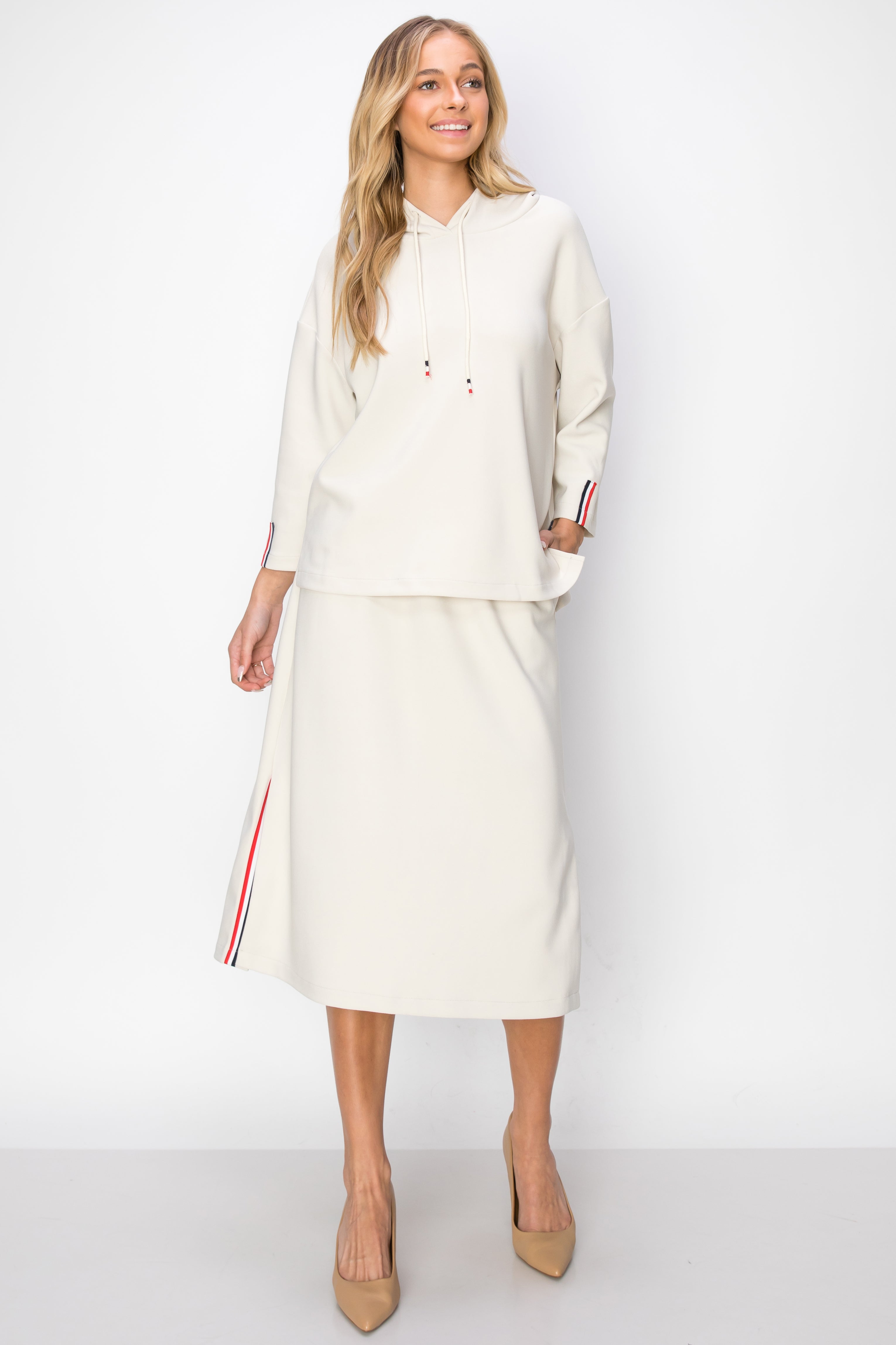 Khloe Knit Crepe Hoodie Top with Contrast Stripes