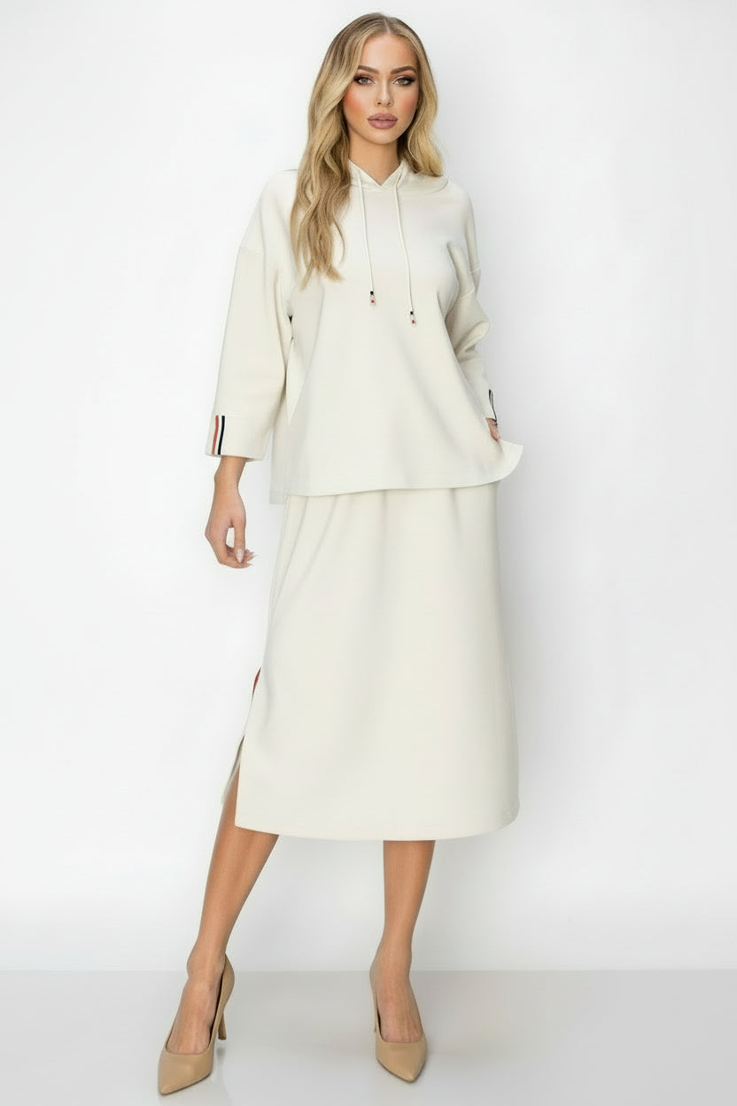 Khloe Knit Crepe Hoodie Top with Contrast Stripes