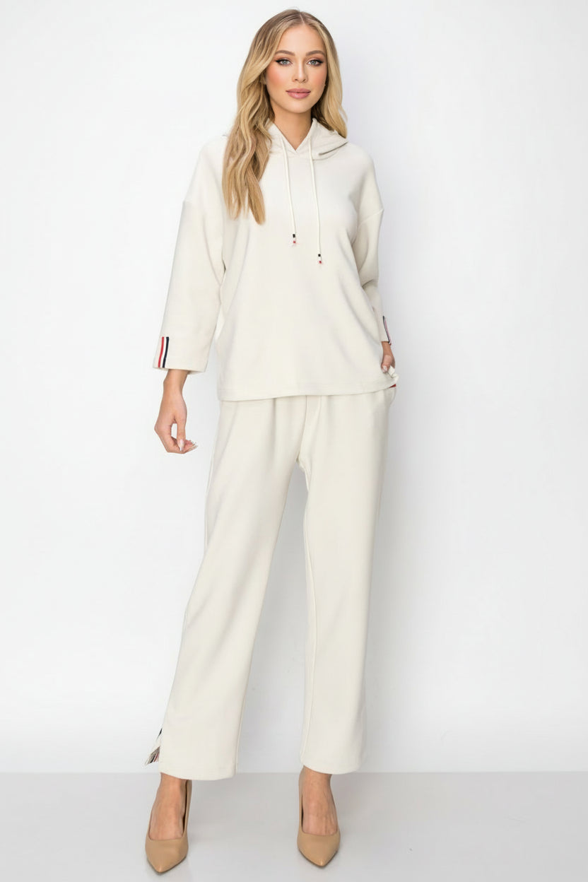 Khloe Knit Crepe Hoodie Top with Contrast Stripes