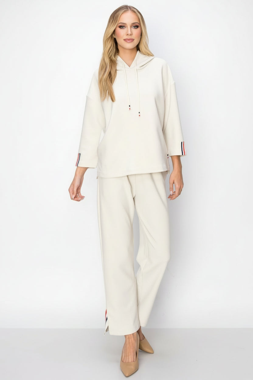 Khloe Knit Crepe Hoodie Top with Contrast Stripes