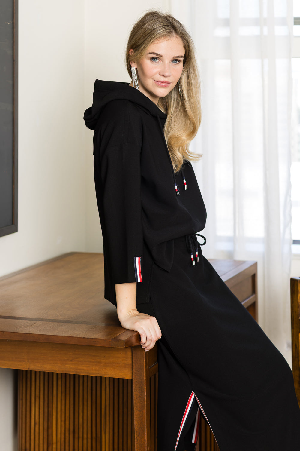 Khloe Knit Crepe Hoodie Top with Contrast Stripes