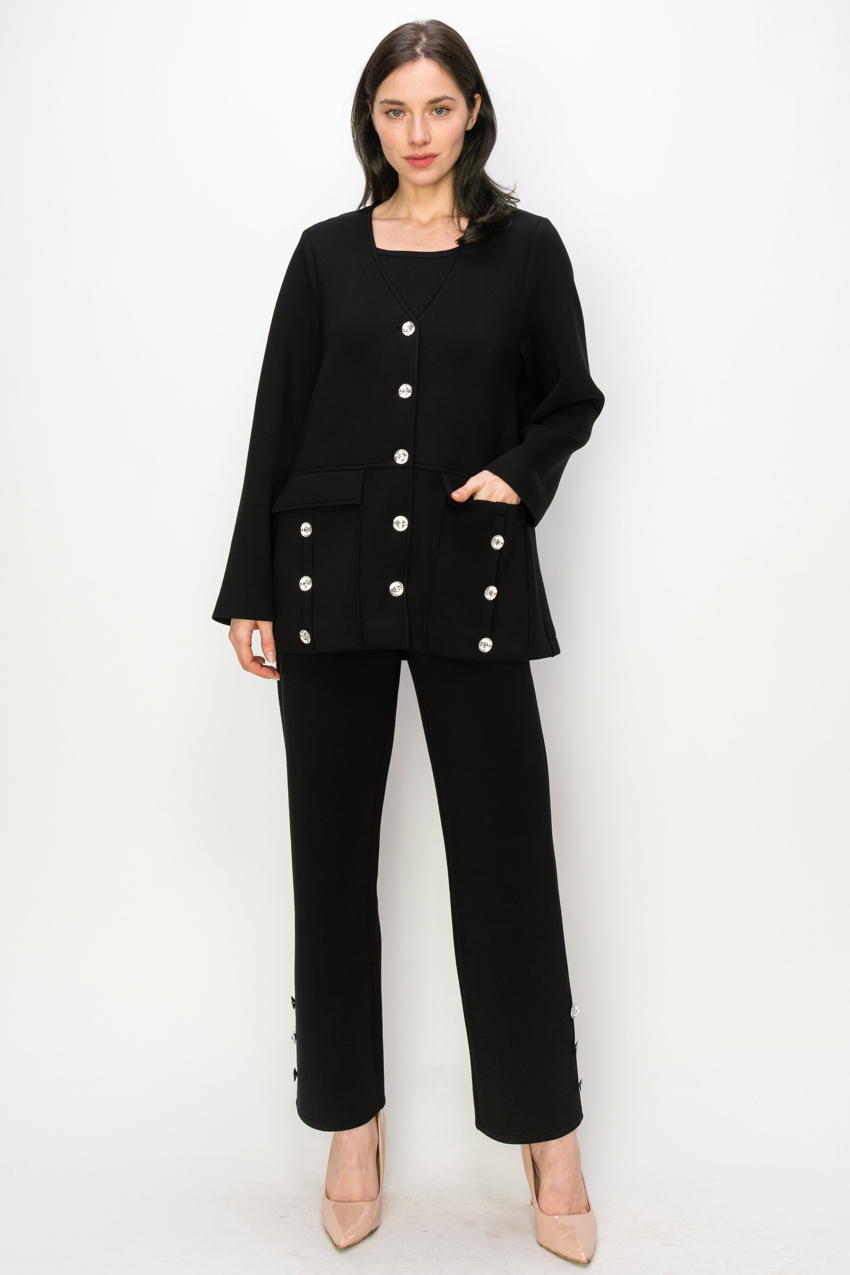 Faye Stretch French Scuba Pant with Diamond Studs