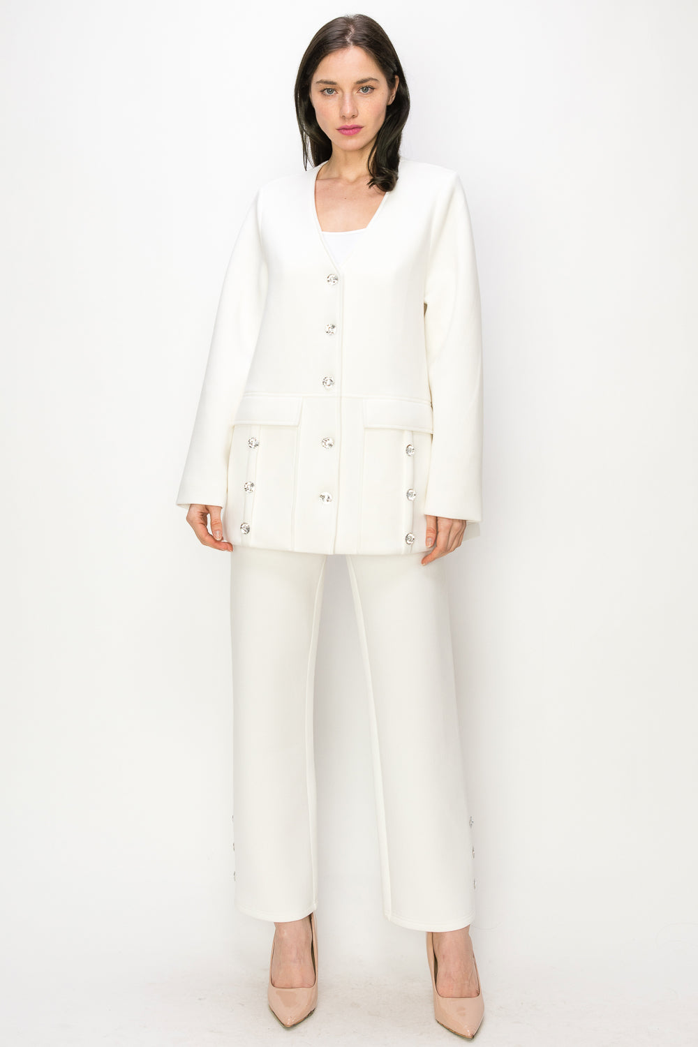 Faye Stretch French Scuba Pant with Diamond Studs