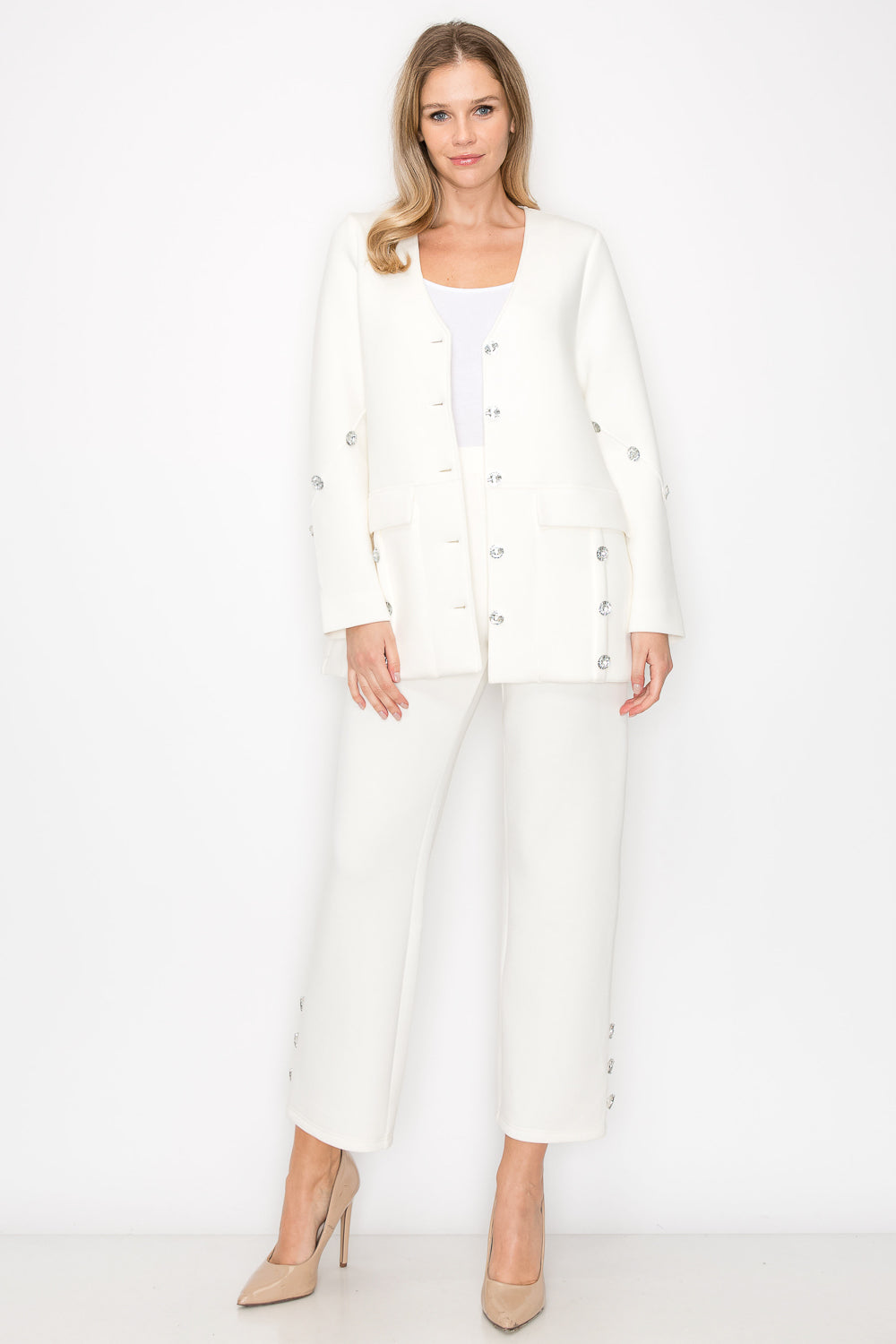 Faye Stretch French Scuba Pant with Diamond Studs