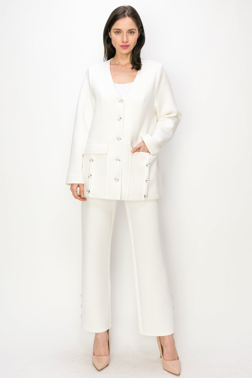 Faye Stretch French Scuba Pant with Diamond Studs