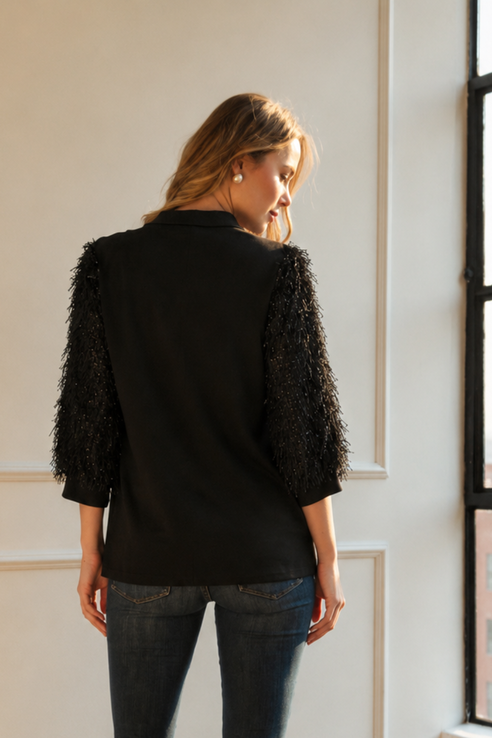 Abby Suede Top with Feathered Sleeves
