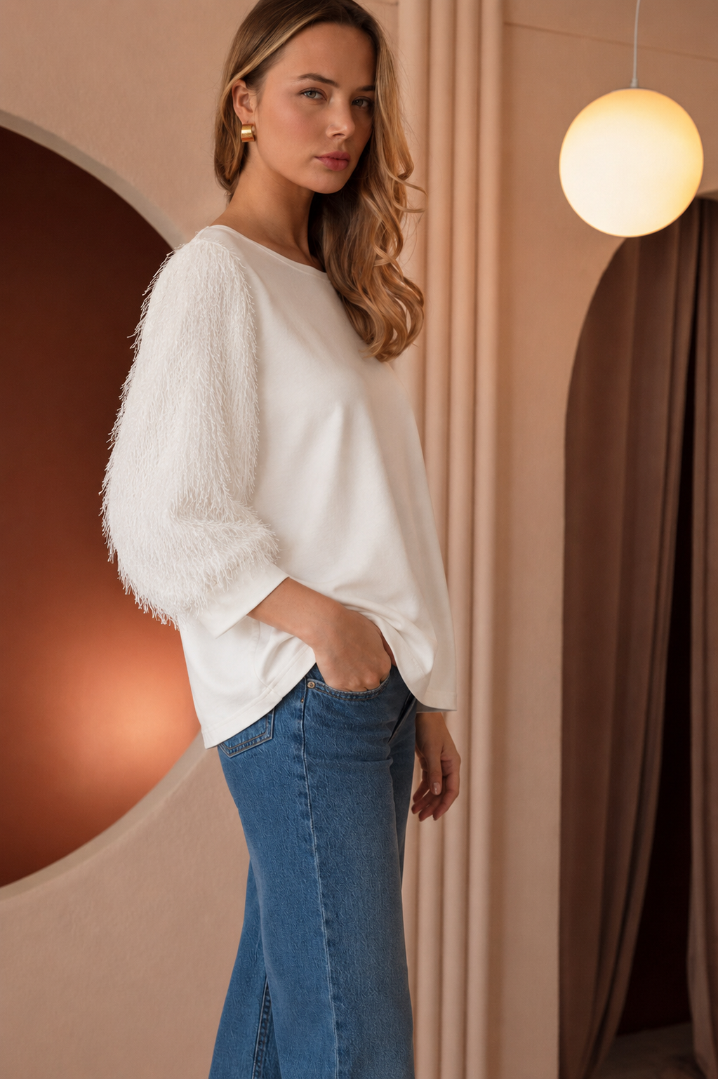 Abby Suede Top with Feathered Sleeves