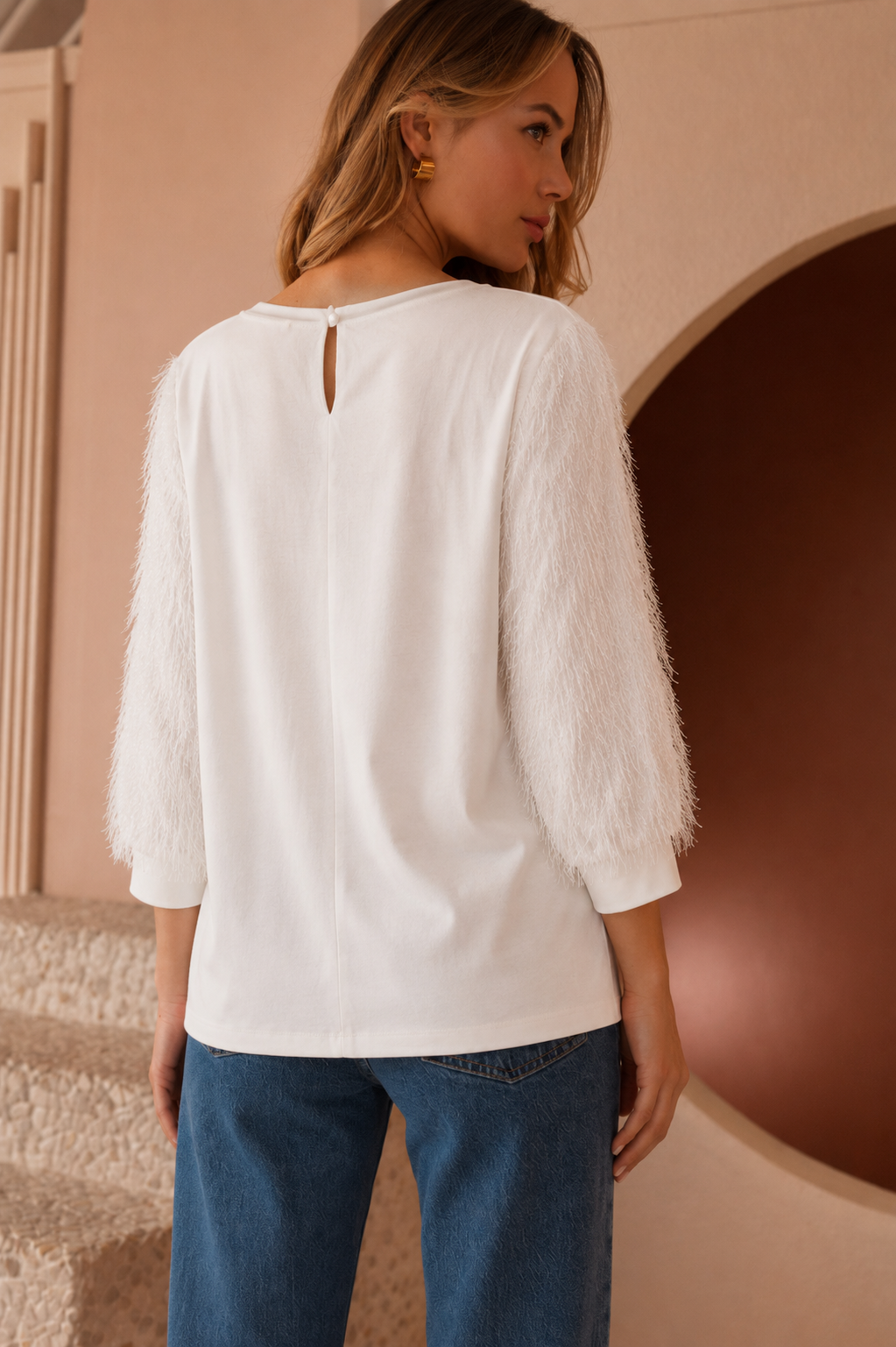 Abby Suede Top with Feathered Sleeves