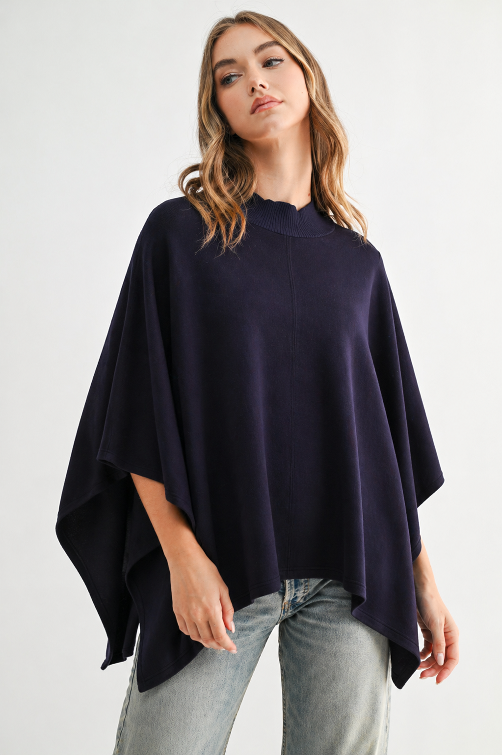 Fergie Stretch French Scuba Poncho with Ribbed Knit Mock Neck