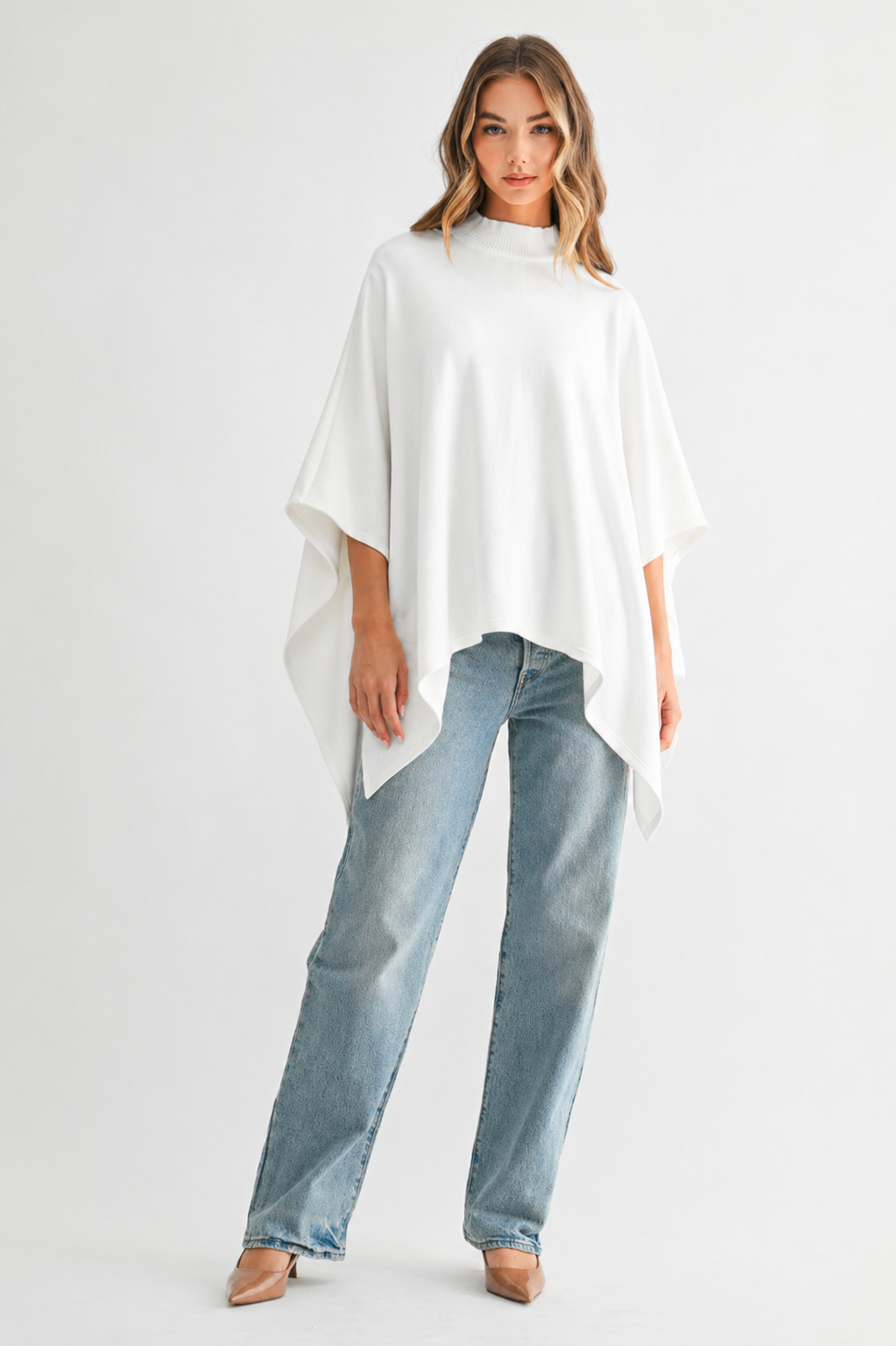 Fergie Stretch French Scuba Poncho with Ribbed Knit Mock Neck