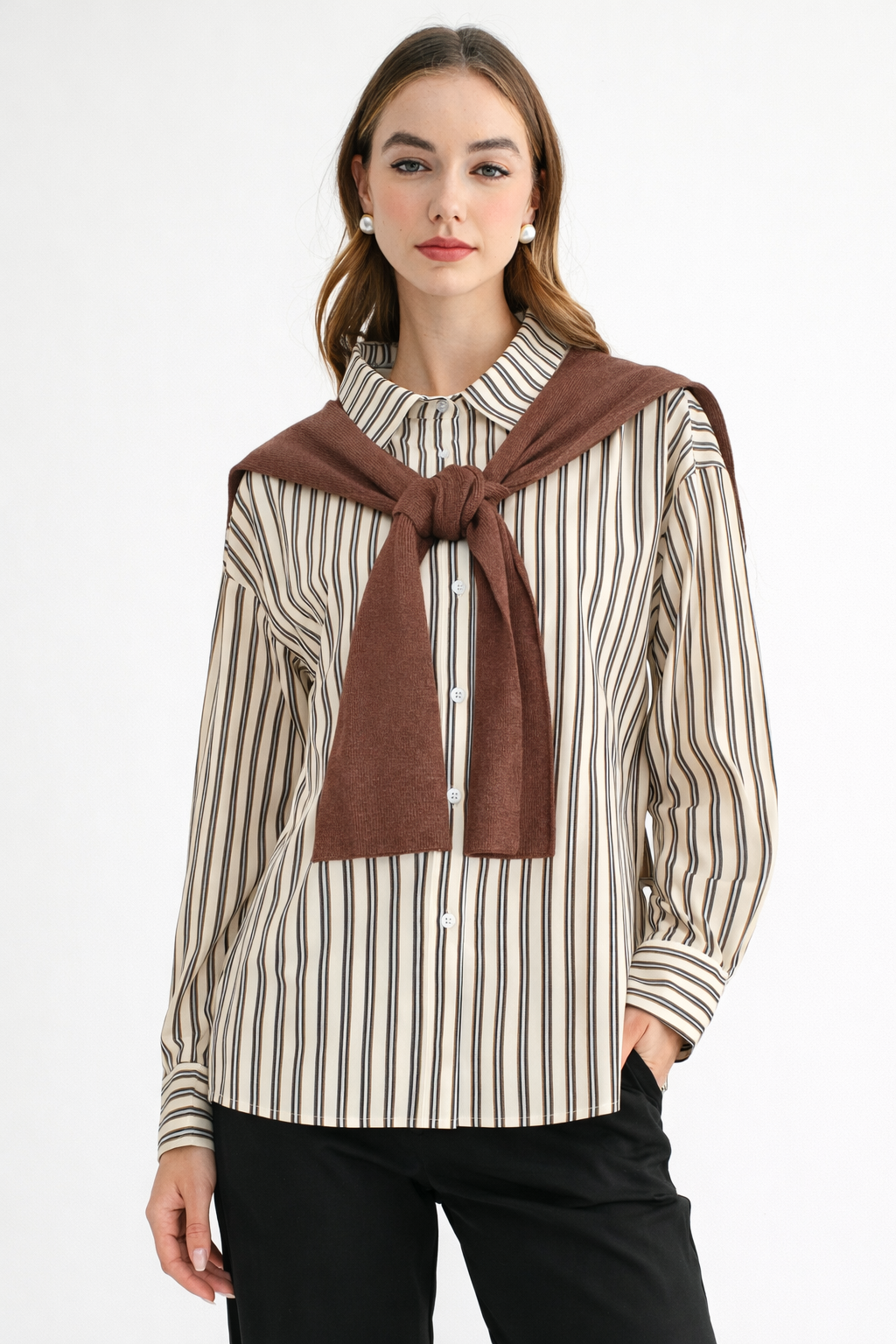 Jaci Cotton Pinstripe Shirt with Knitted Shoulder Sweater