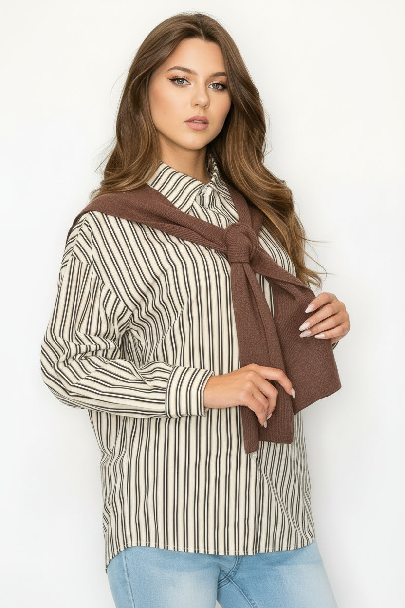 Jaci Cotton Pinstripe Shirt with Knitted Shoulder Sweater