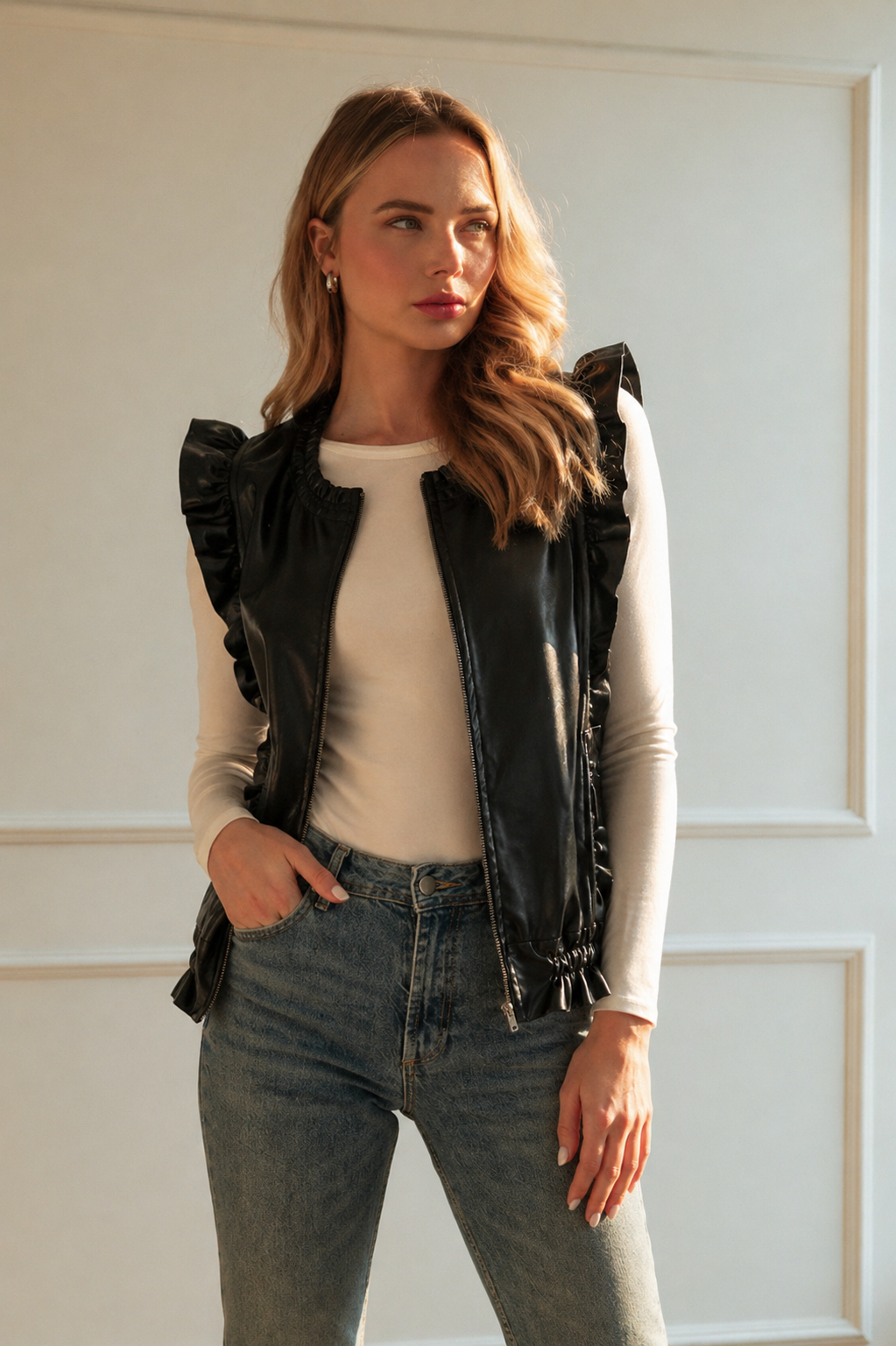 Jaide Ruffled Leather Vest