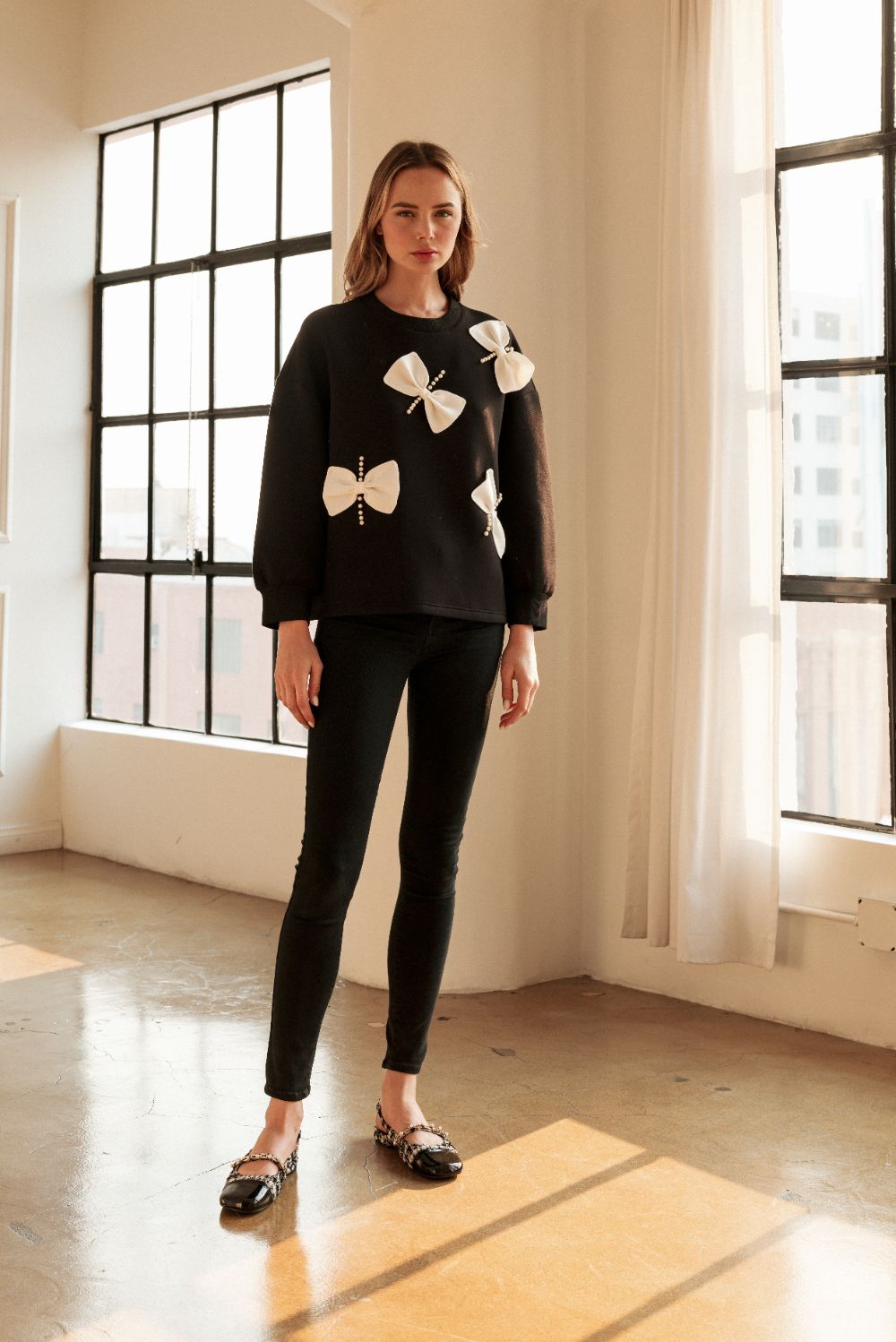 Flora Stretch French Scuba Ribbon-Bow with Pearls Top