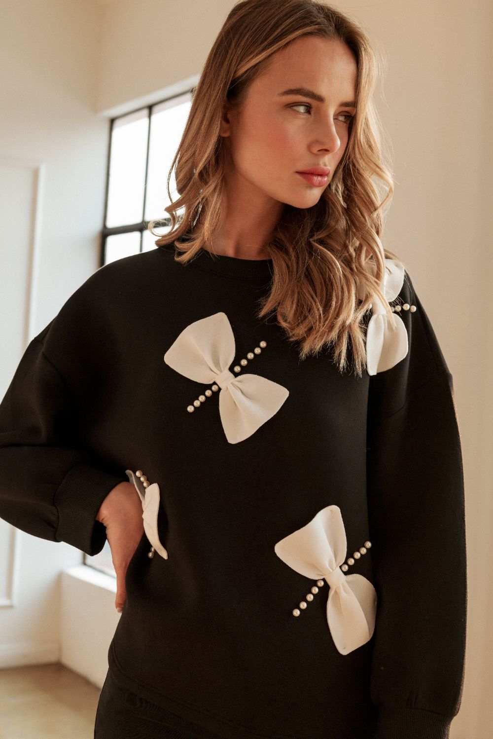 Flora Stretch French Scuba Ribbon-Bow with Pearls Top