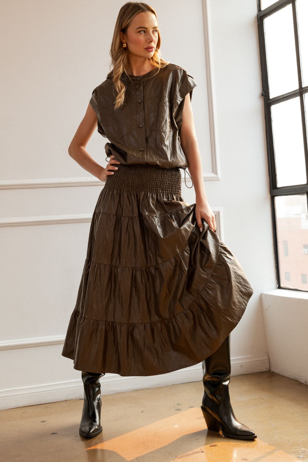 Lorena Tiered Leather Skirt
