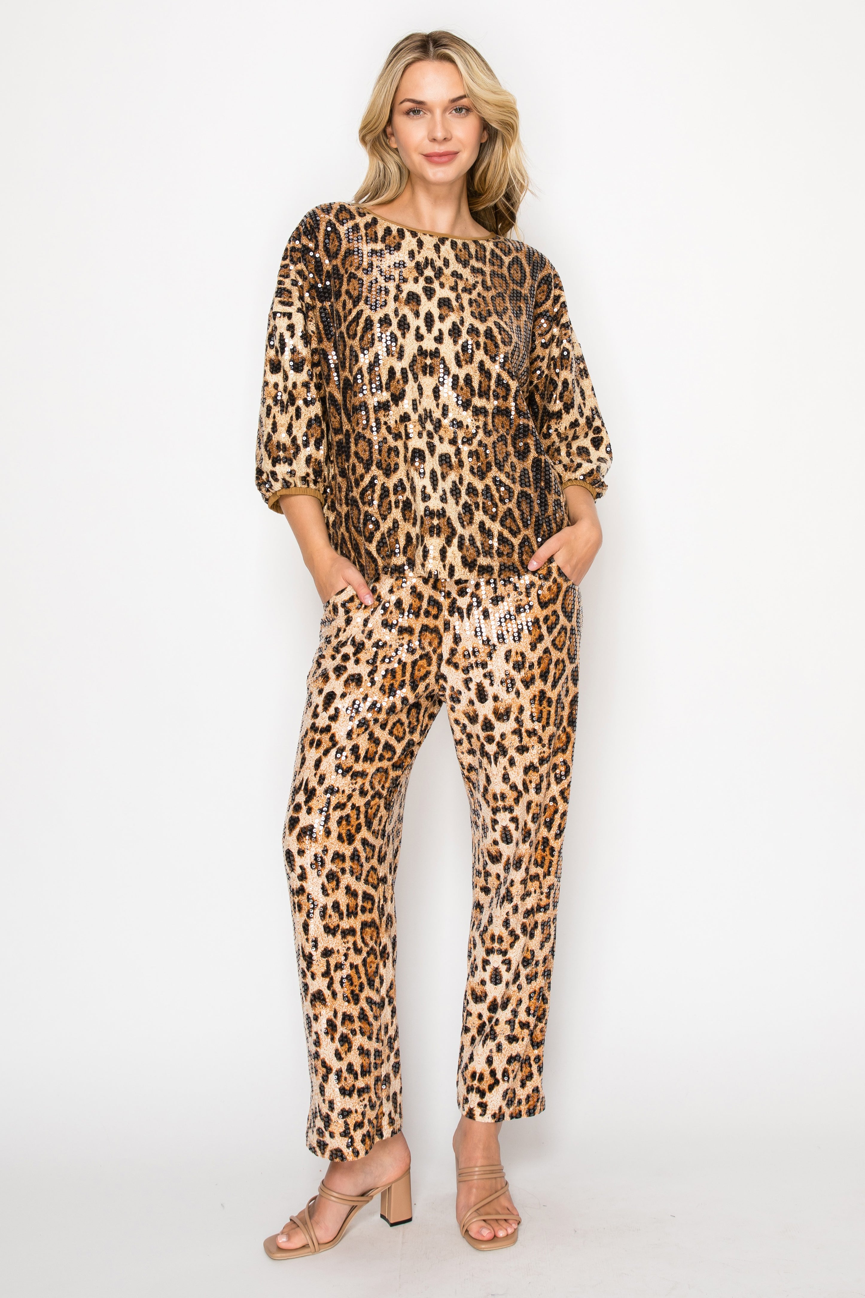 Jelica Sequin Animal Print Top