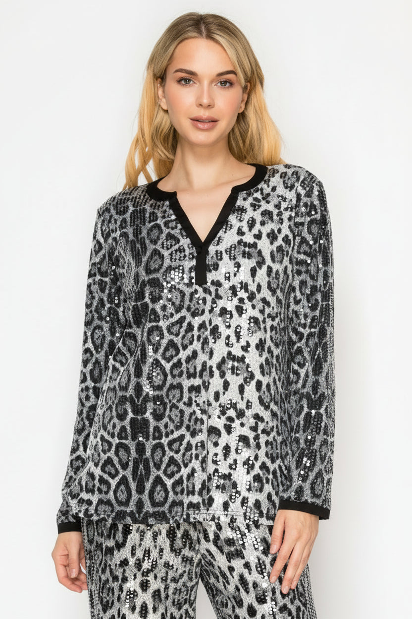 Jaeda Sequin Animal Print Top