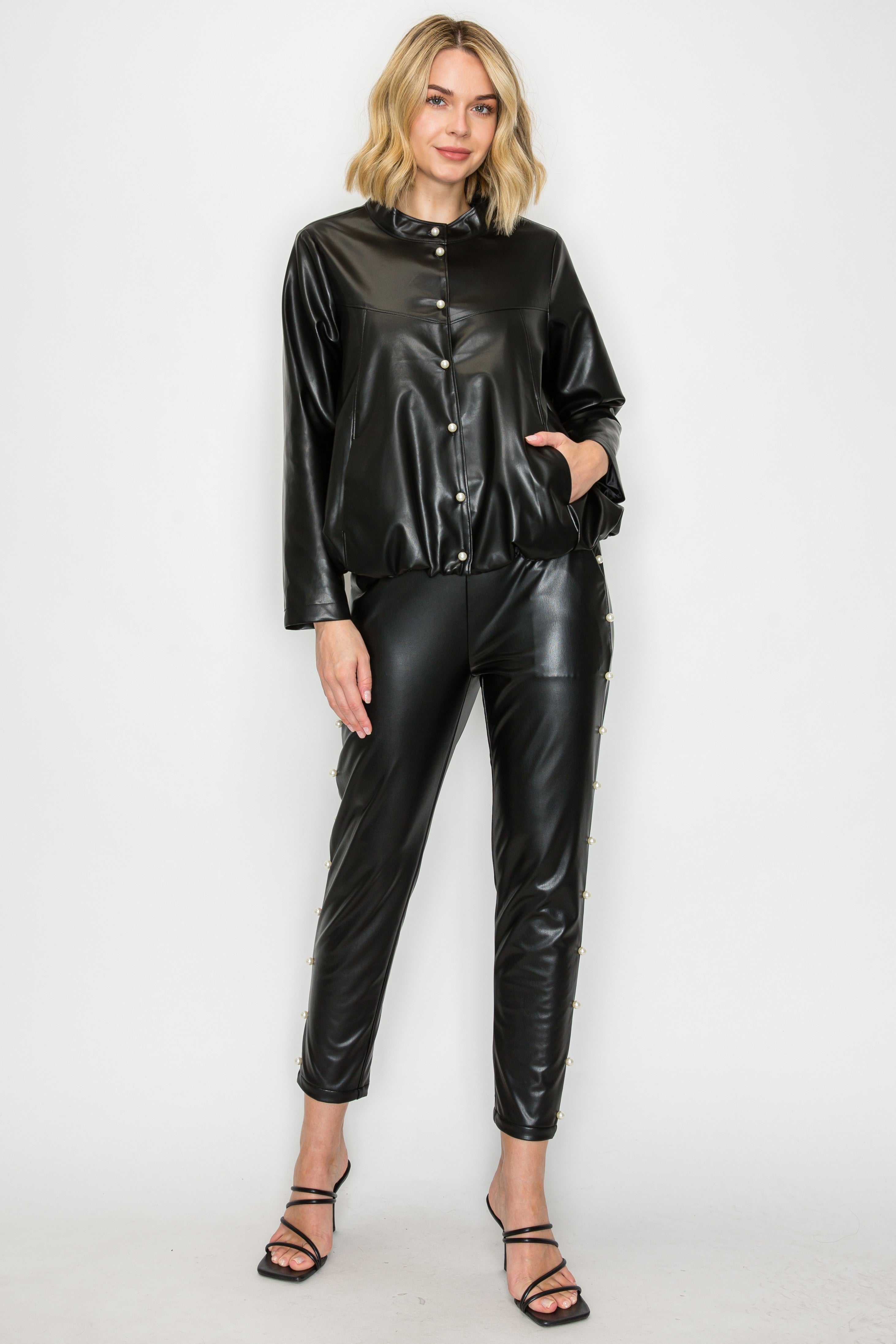 Loretta Stretch Leather Pant w/ Pearls