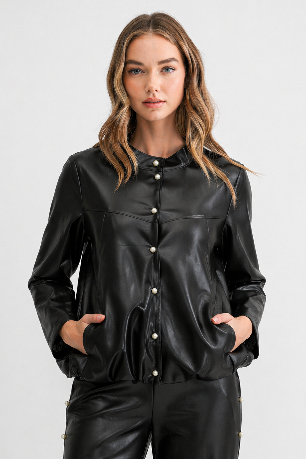 Jae Stretch Leather Jacket W/ Pearls