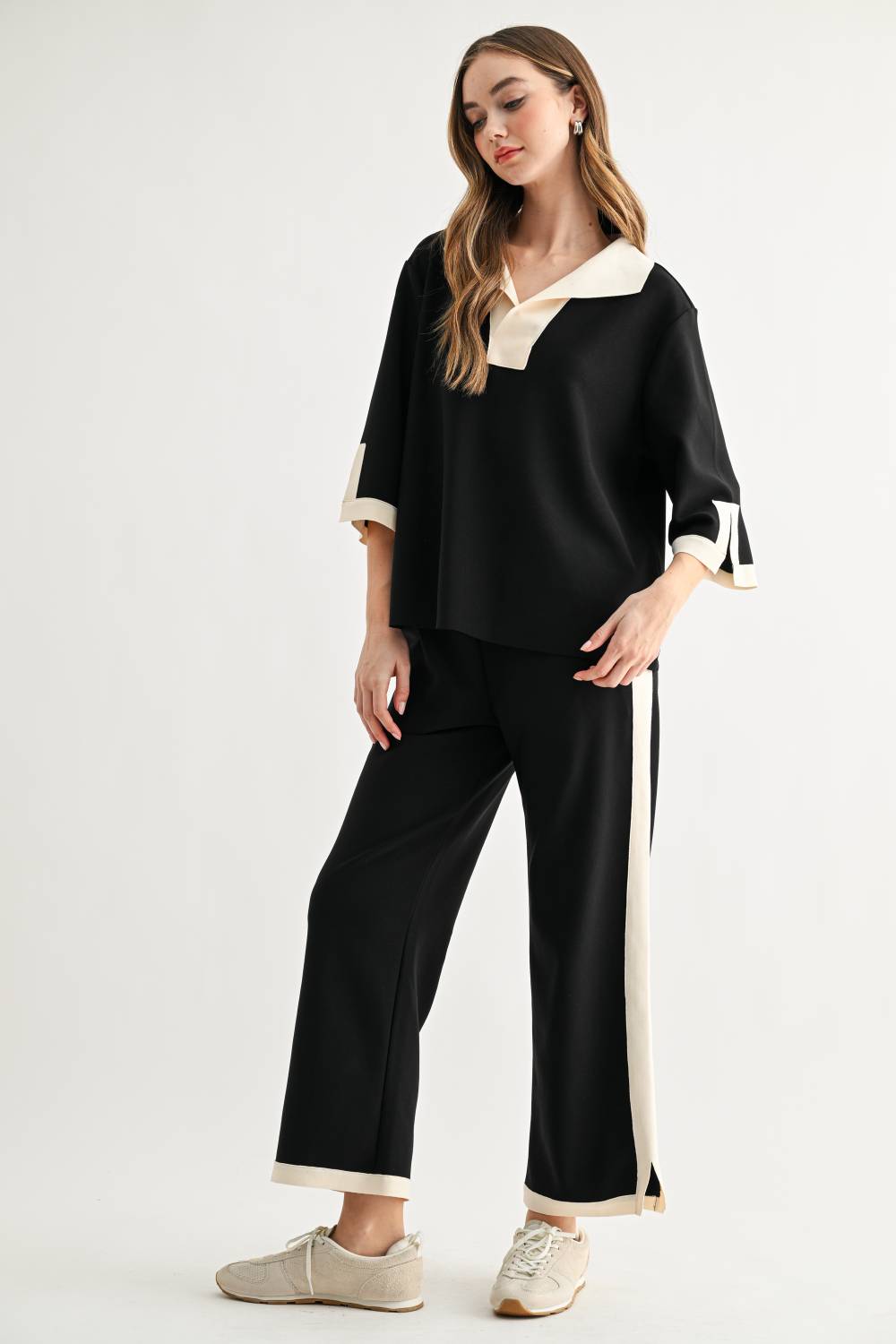 Kristopher black contrast stripe wide-leg pants side view