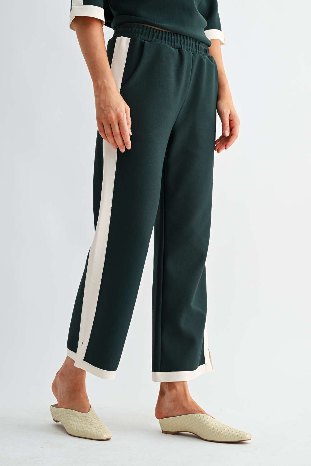 Kristopher forest green wide-leg pants with cream contrast side stripe and elastic waistband
