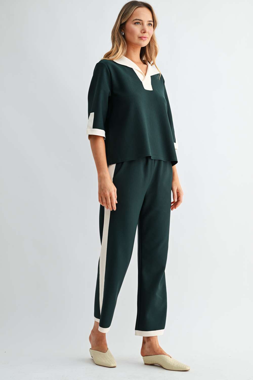 Kristopher forest green contrast stripe wide-leg pants side view