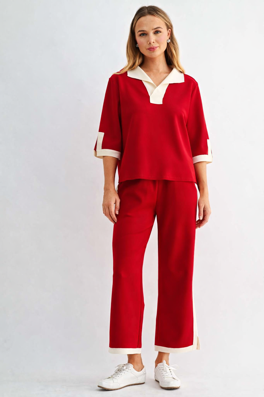 Women’s red wide-leg pants with cream side stripe and contrast hem trim
