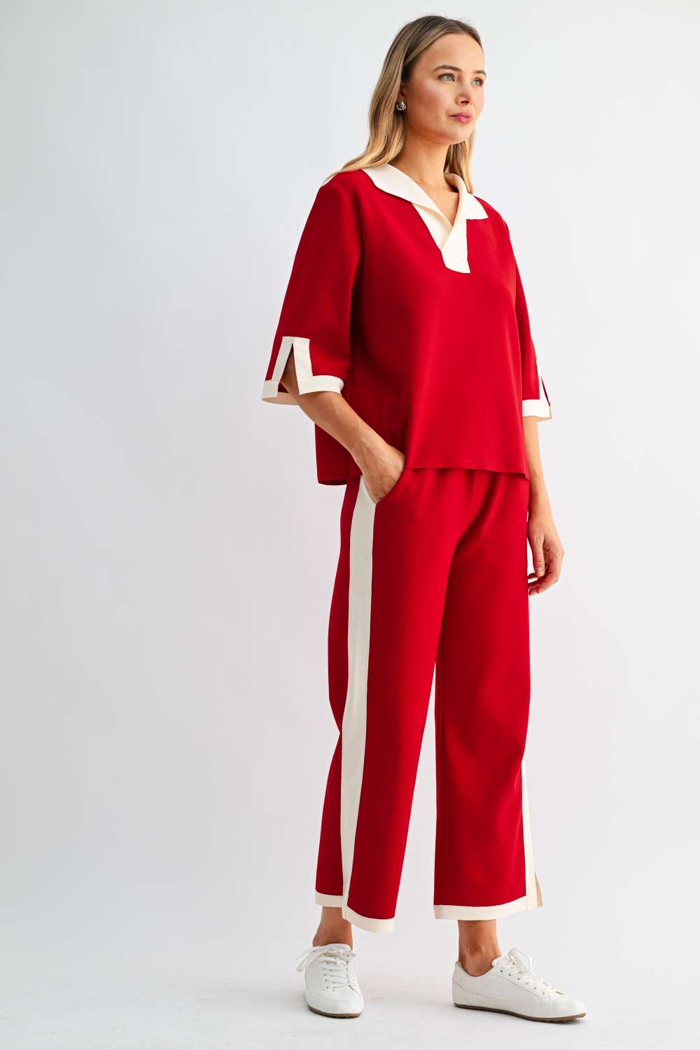 Kristopher red contrast stripe wide-leg pants side view