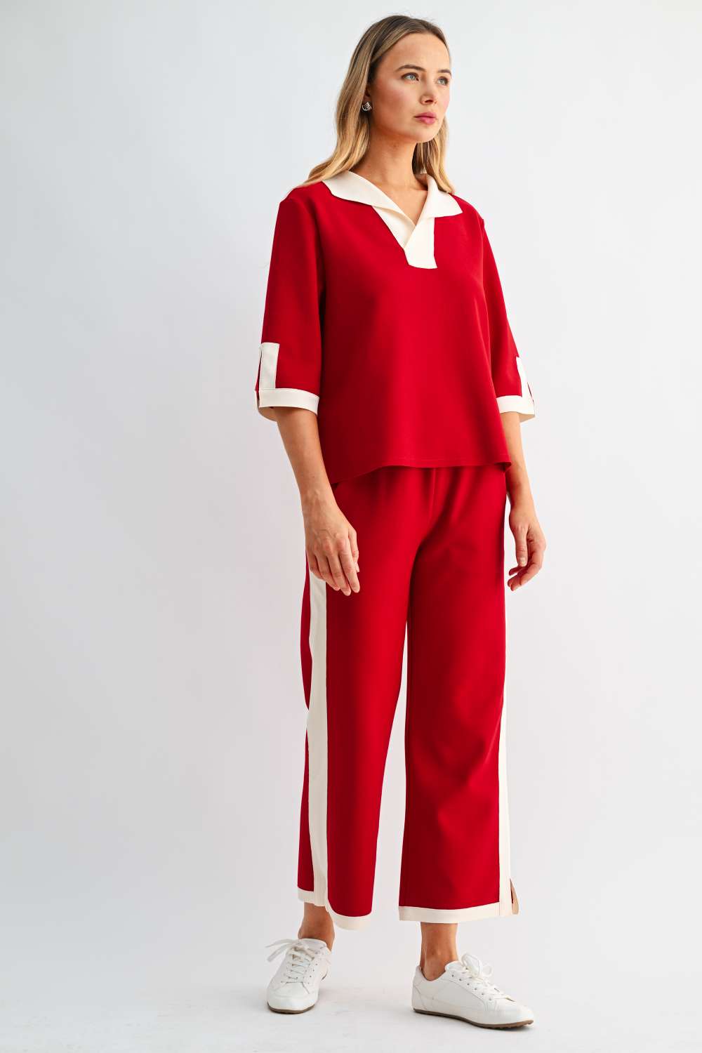 Women’s red wide-leg pants with cream side stripe and contrast hem trim