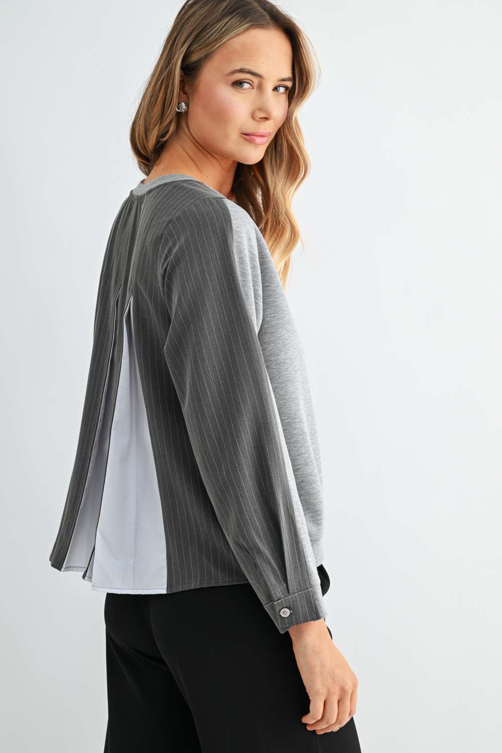 Karter Pinstripe Pleated Back Top