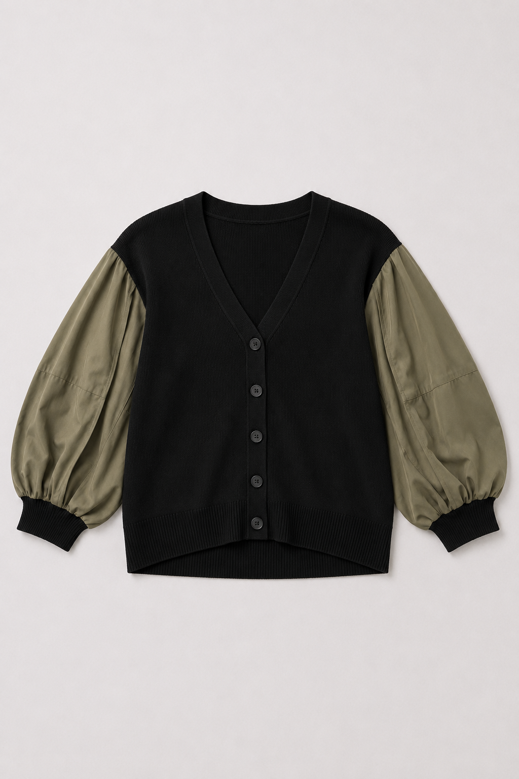 Simon olive and black woven balloon sleeve cardigan flat lay