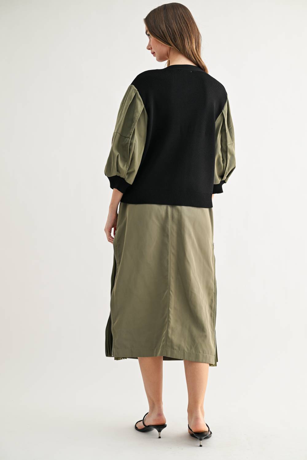Back view of Simon olive and black wovwn cardigan
