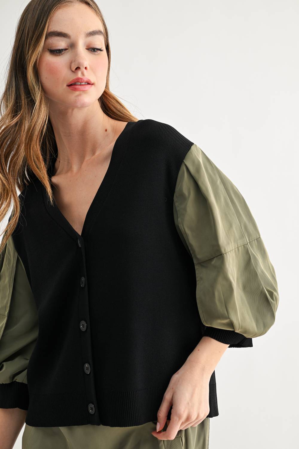 Simon olive and black mixed media cardigan with relaxed fit and V-neckline