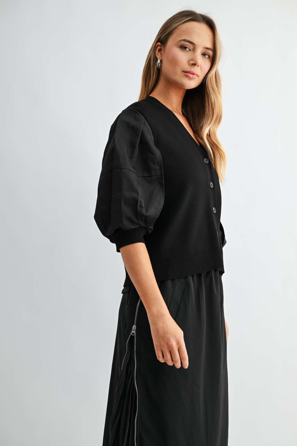 Side view of Simon black woven balloon sleeve cardigan