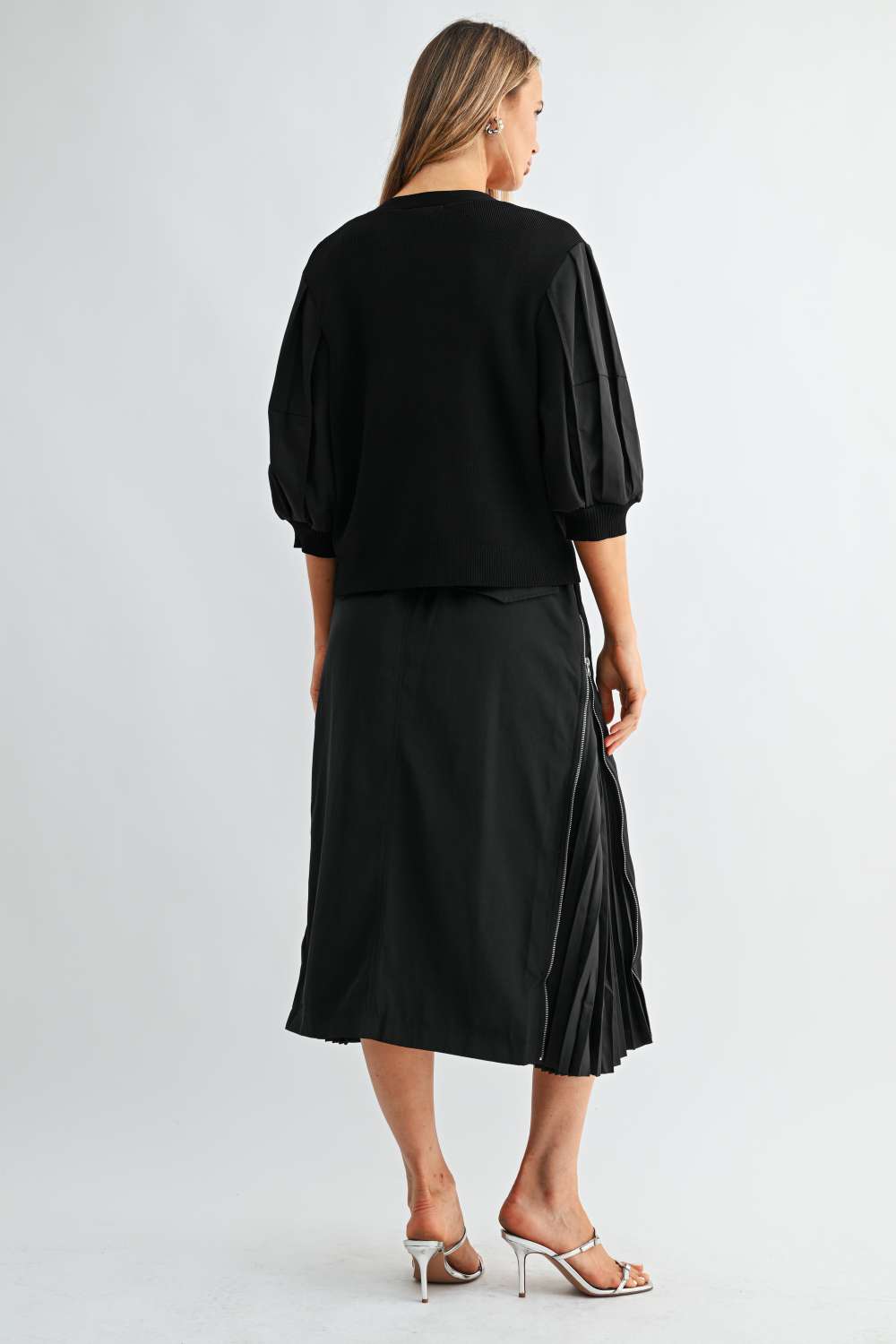 Back view of Simon black balloon sleeve cardigan