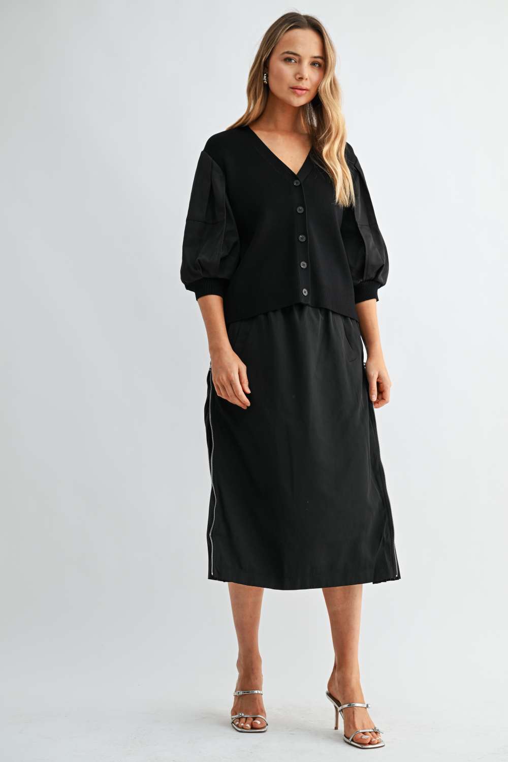 Simon black balloon sleeve cardigan styled on model