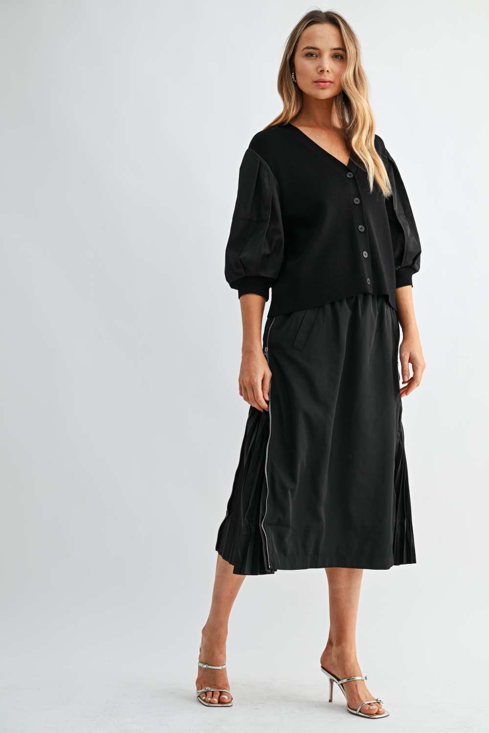 Simon black balloon sleeve cardigan styled on model