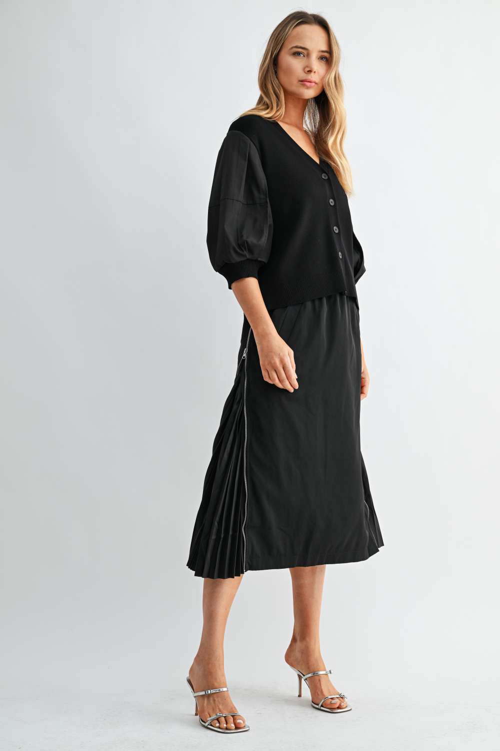 Simon black balloon sleeve cardigan styled on model