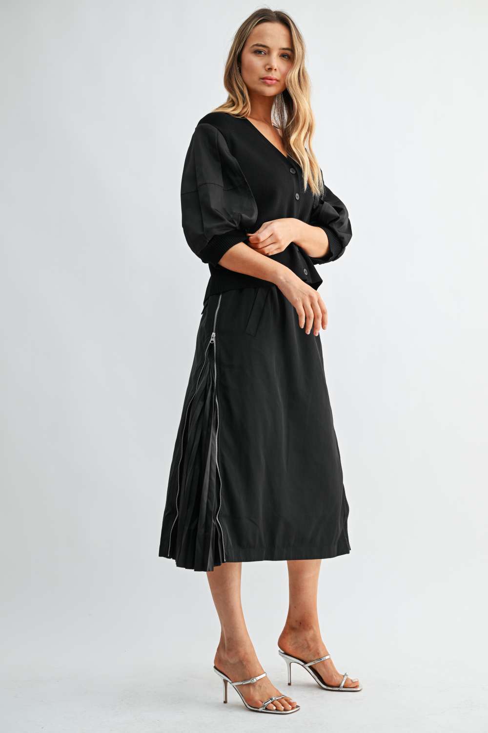 Simon black balloon sleeve cardigan styled on model