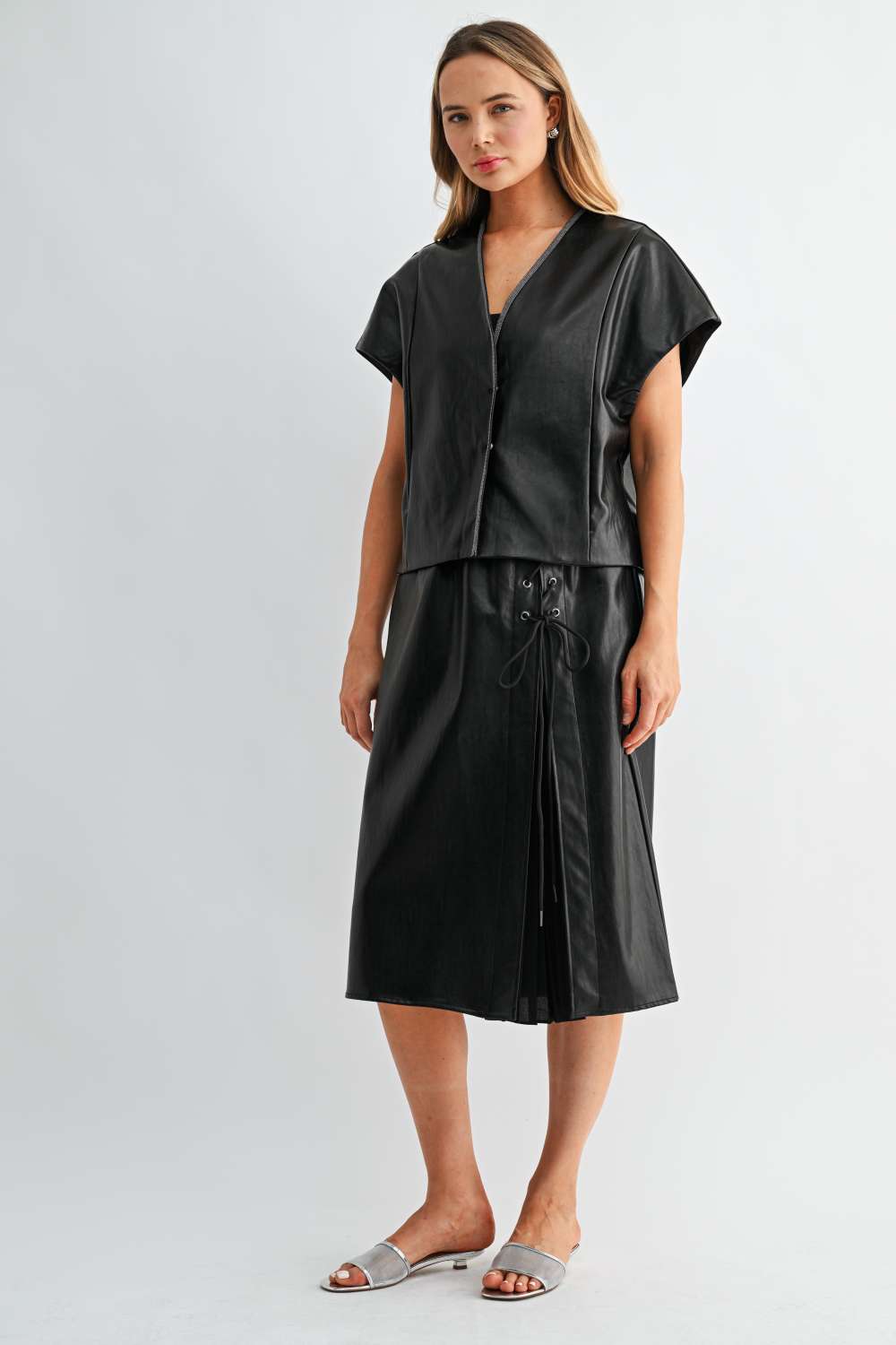 Shawn Leather Vest Jacket with Beading Trim