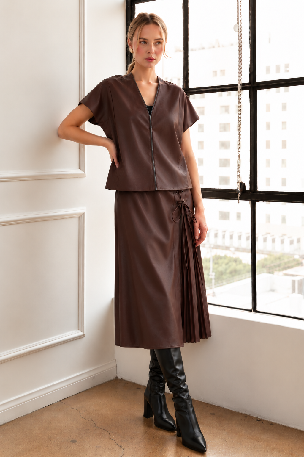 Sebastian Leather Pleated Skirt