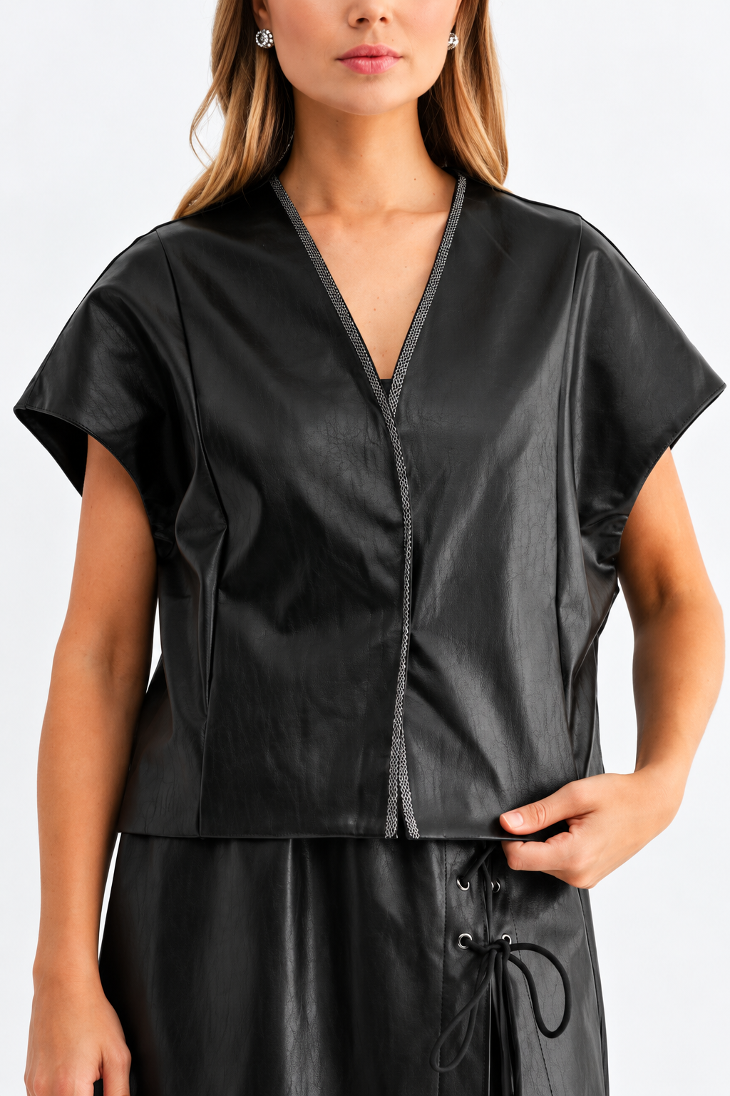 Shawn Leather Vest Jacket with Beading Trim