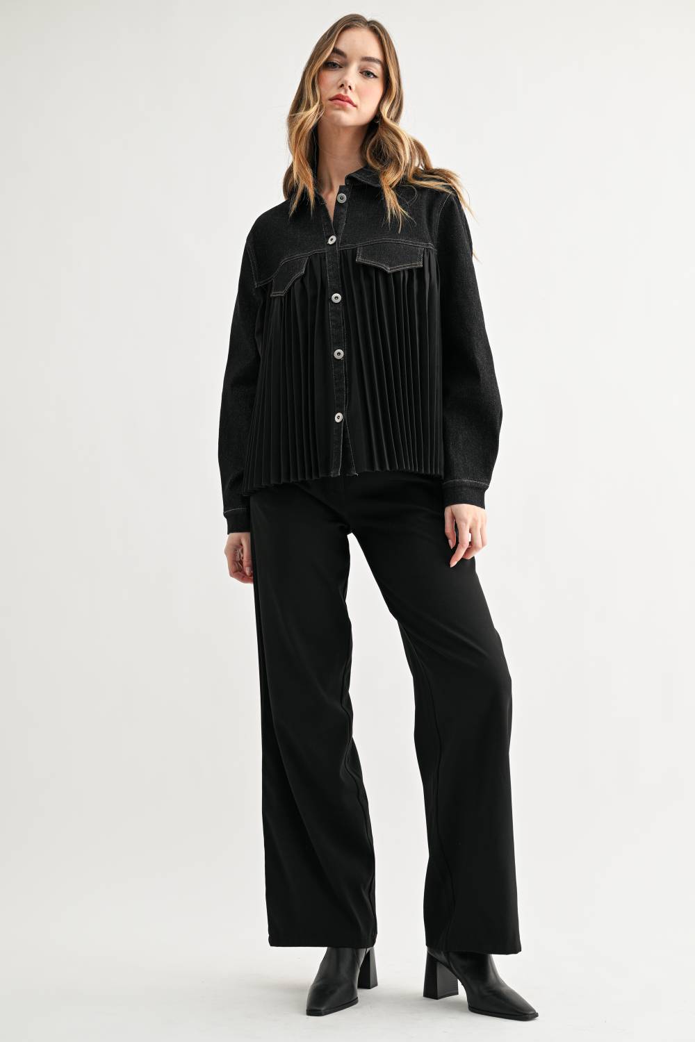 Deborah Denim Pleated Top
