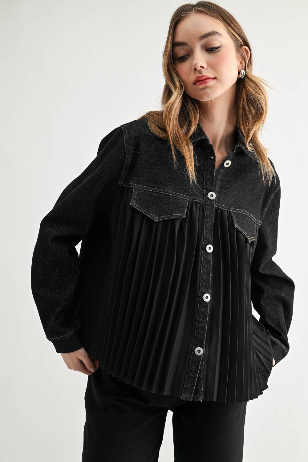 Deborah Denim Pleated Top