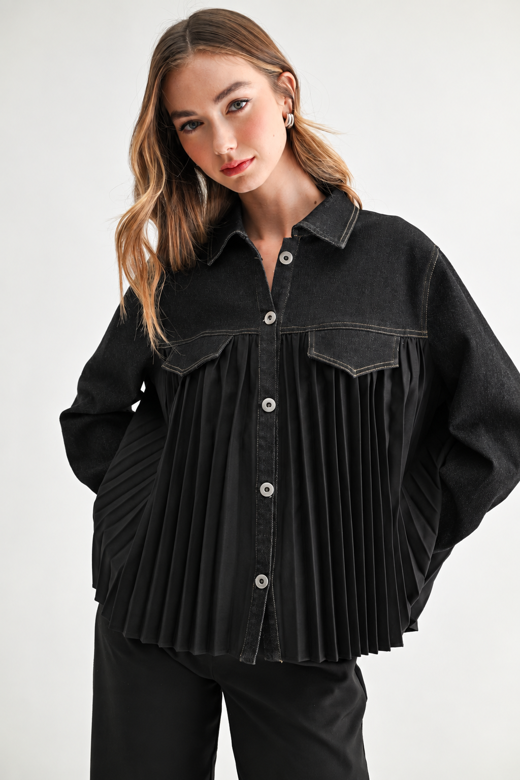 Deborah Denim Pleated Top
