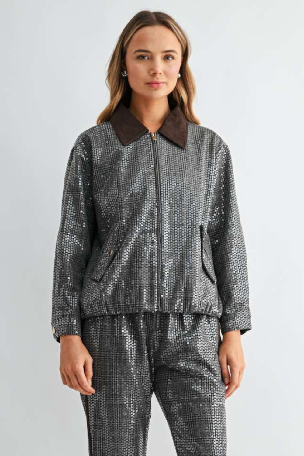 Jezel Sequin Plaid Zip-Up Jacket