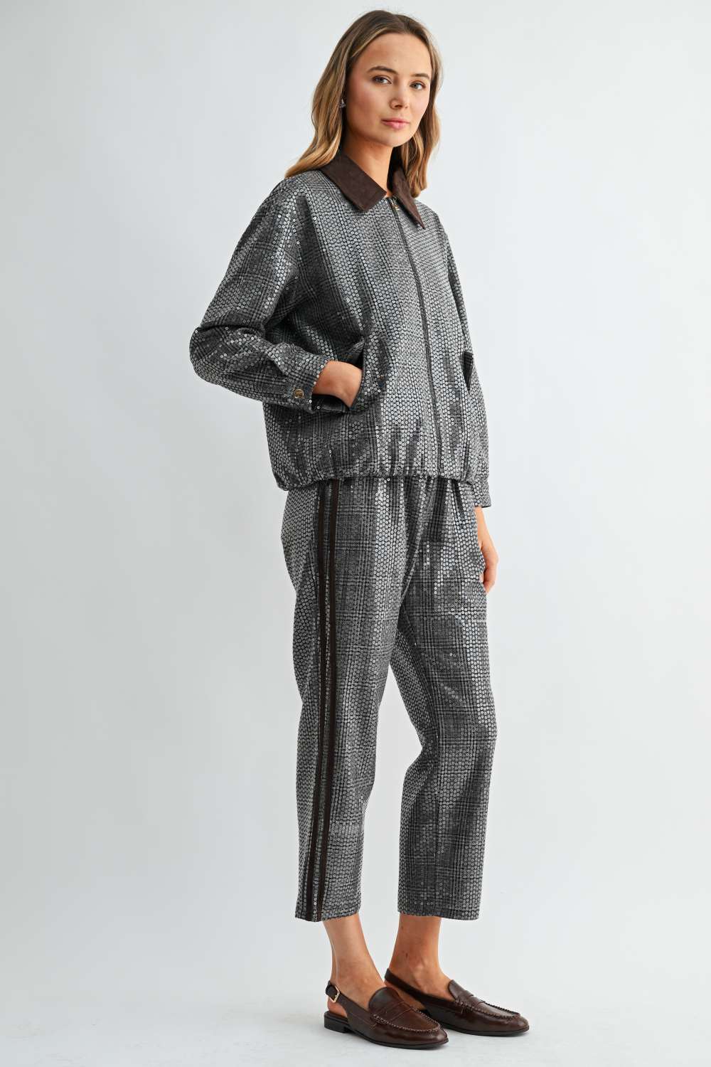 Catelyn Sequin Plaid Pull-On Ankle Pants