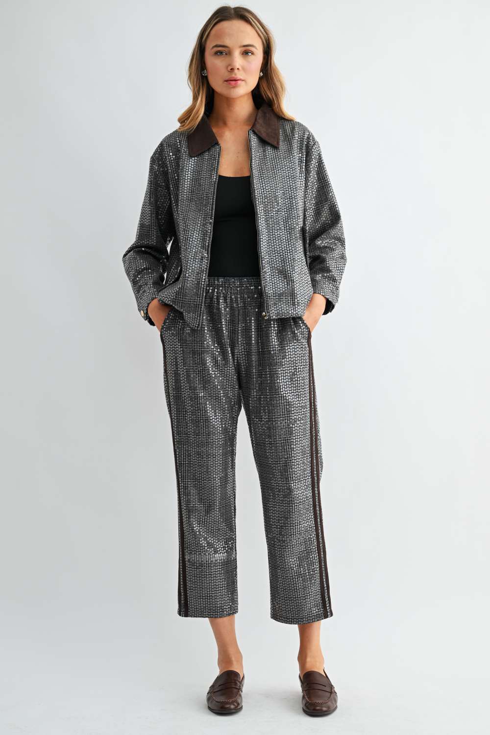 Catelyn Sequin Plaid Pull-On Ankle Pants