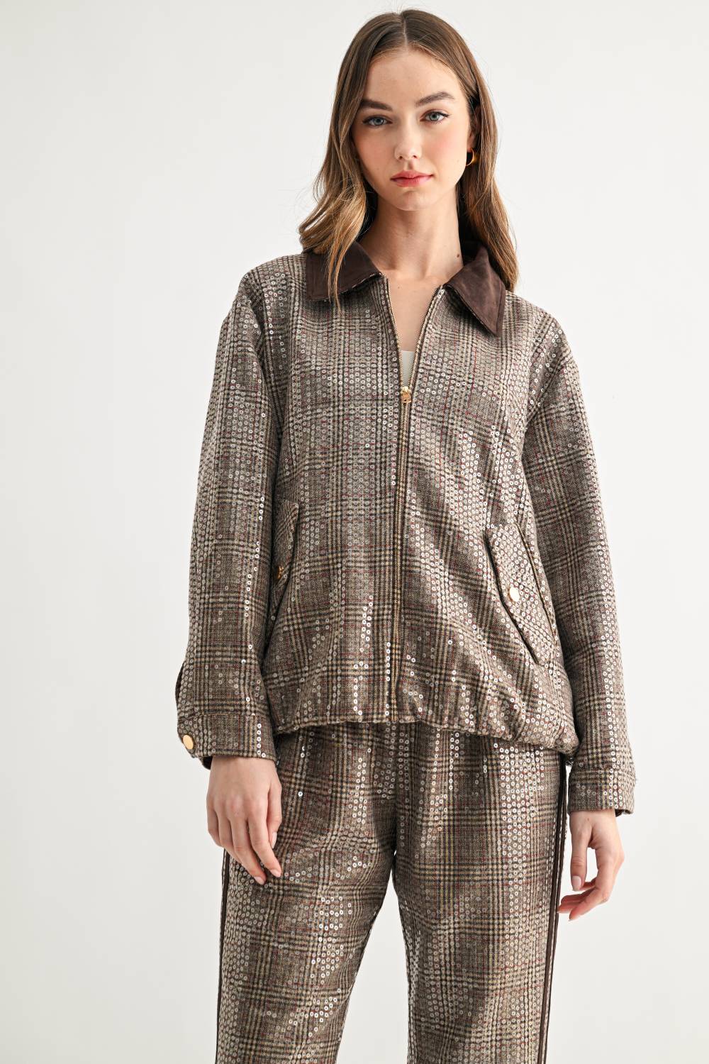 Jezel Sequin Plaid Zip-Up Jacket